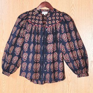 Maison 123 Navy/Red Cotton Paisley Balloon Sleeve Prairie Blouse US Size…